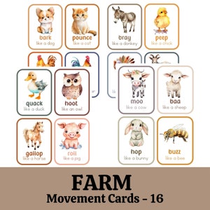 Movement Cards  for Toddlers and Preschool Farm Animals, busy activities, fun and games, fitness Digital