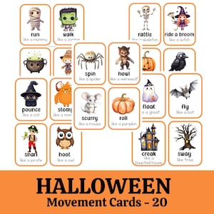 Movement Cards 20 Halloween themed characters, Toddlers and Preschool busy activities, fun and games, fitness - Trick or Treat Digital