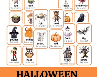 Movement Cards 20 Halloween themed characters, Toddlers and Preschool busy activities, fun and games, fitness - Trick or Treat Digital