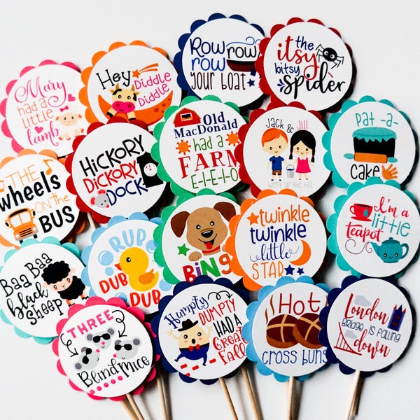 Nursery Rhymes Cupcake Toppers - Twinkle, Humpty, Hickory Itsy Bitsy Spider