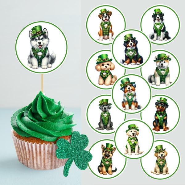 Cupcake Toppers St. Patrick's Day Puppies Large Breed Dogs Adorable Printable Digital File