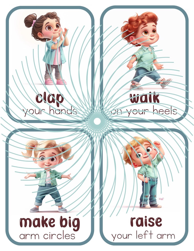 May include: Four illustrated cards with cartoon children demonstrating different actions. The cards have a blue and white swirl design. The first card shows a girl clapping her hands and says "clap your hands". The second card shows a boy walking on his heels and says "walk on your heels". The third card shows a girl making big arm circles and says "make big arm circles". The fourth card shows a boy raising his left arm and says "raise your left arm".