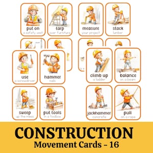 Puede incluir: Un conjunto de 16 tarjetas de movimiento de construcci&oacute;n con ilustraciones de un trabajador de la construcci&oacute;n realizando diferentes tareas. Cada tarjeta tiene una ilustraci&oacute;n colorida y una breve descripci&oacute;n de la acci&oacute;n, como "ponerse un chaleco de seguridad", "martillar clavos" y "barrer el desorden".