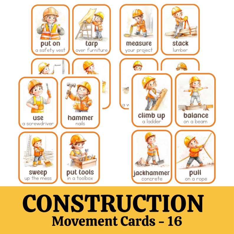 Puede incluir: Un conjunto de 16 tarjetas de movimiento de construcci&oacute;n con ilustraciones de un trabajador de la construcci&oacute;n realizando diferentes tareas. Cada tarjeta tiene una ilustraci&oacute;n colorida y una breve descripci&oacute;n de la acci&oacute;n, como "ponerse un chaleco de seguridad", "martillar clavos" y "barrer el desorden".