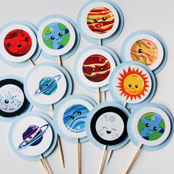 Planet Solar System Cupcake Toppers Cupcake Flags Cupcake Toothpick Party Decor Science Sun Moon Saturn Jupiter