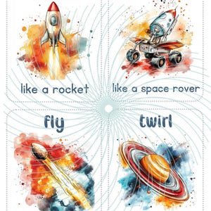 May include: Four colourful cards with space-themed illustrations and text. The cards show a rocket blasting off, a space rover crawling, a comet flying, and Saturn's rings twirling. Each card has a description of the action, such as "blast off like a rocket" and "twirl like Saturn's rings."