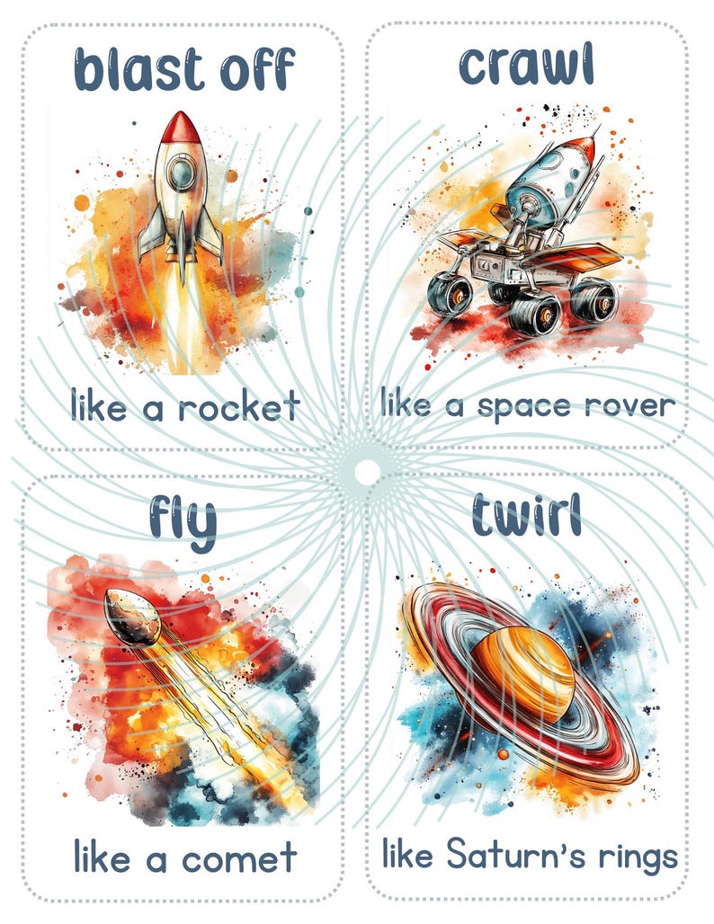May include: Four colourful cards with space-themed illustrations and text. The cards show a rocket blasting off, a space rover crawling, a comet flying, and Saturn's rings twirling. Each card has a description of the action, such as "blast off like a rocket" and "twirl like Saturn's rings."