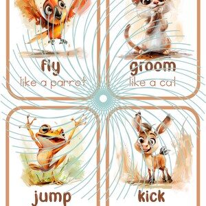 May include: Four colorful cards with illustrations of a parrot, cat, frog, and donkey. Each card has a verb and a phrase describing how the animal moves, such as "fly like a parrot" and "kick like a donkey".