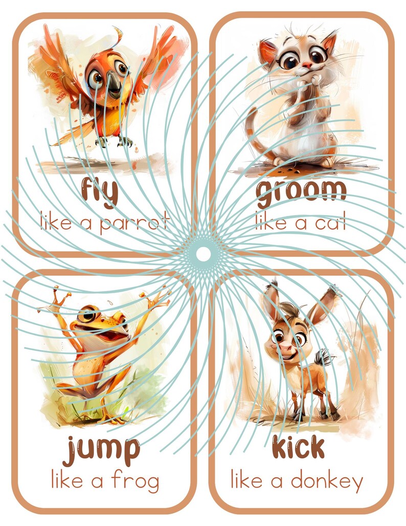 May include: Four colorful cards with illustrations of a parrot, cat, frog, and donkey. Each card has a verb and a phrase describing how the animal moves, such as "fly like a parrot" and "kick like a donkey".