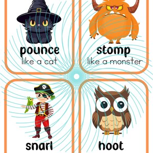 Puede incluir: Cuatro tarjetas coloridas con ilustraciones de un gato negro, un monstruo naranja, un pirata y un b&uacute;ho. Cada tarjeta tiene una palabra y una frase que describe el sonido que hace el animal. Las palabras son "pounce", "stomp", "snarl" y "hoot".