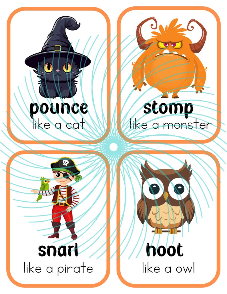 Puede incluir: Cuatro tarjetas coloridas con ilustraciones de un gato negro, un monstruo naranja, un pirata y un b&uacute;ho. Cada tarjeta tiene una palabra y una frase que describe el sonido que hace el animal. Las palabras son "pounce", "stomp", "snarl" y "hoot".