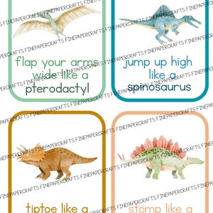 Puede incluir: Cuatro tarjetas coloridas con ilustraciones de dinosaurios e instrucciones de movimiento. Las tarjetas son verdes, azules, doradas y rosas. El texto en las tarjetas dice: "agita tus brazos como un pterod&aacute;ctilo", "salta alto como un espinosaure", "camina de puntillas como un tri" y "pisotea como un estegosaurio".