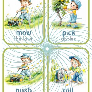 Puede incluir: Cuatro tarjetas ilustradas con un ni&ntilde;o en cada tarjeta realizando una tarea diferente. La primera tarjeta muestra a un ni&ntilde;o cortando el c&eacute;sped. La segunda tarjeta muestra a un ni&ntilde;o recogiendo manzanas de un &aacute;rbol. La tercera tarjeta muestra a un ni&ntilde;o empujando una carretilla. La cuarta tarjeta muestra a un ni&ntilde;o enrollando una manguera.