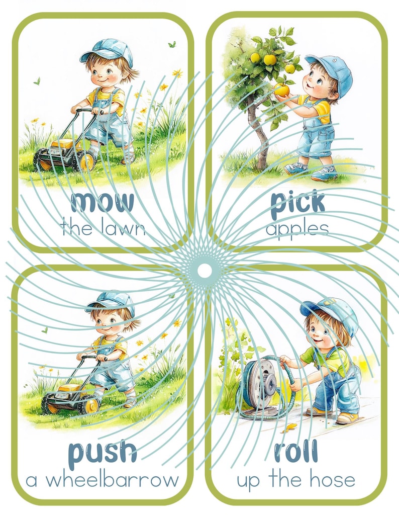 Puede incluir: Cuatro tarjetas ilustradas con un ni&ntilde;o en cada tarjeta realizando una tarea diferente. La primera tarjeta muestra a un ni&ntilde;o cortando el c&eacute;sped. La segunda tarjeta muestra a un ni&ntilde;o recogiendo manzanas de un &aacute;rbol. La tercera tarjeta muestra a un ni&ntilde;o empujando una carretilla. La cuarta tarjeta muestra a un ni&ntilde;o enrollando una manguera.