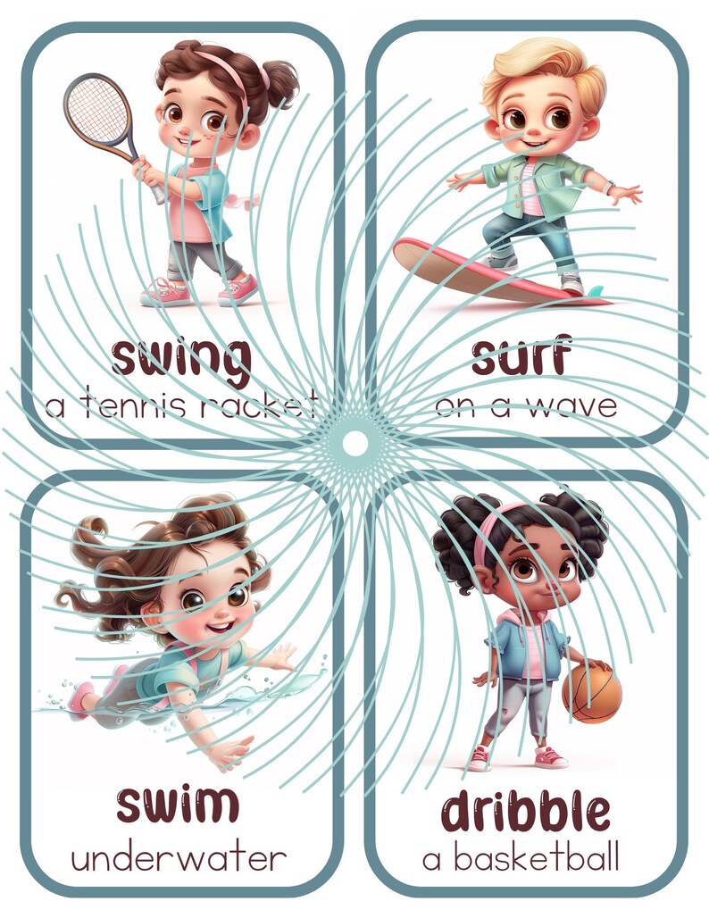 May include: Four illustrated cards with children performing different actions. The first card shows a girl swinging a tennis racket. The second card shows a boy surfing on a wave. The third card shows a girl swimming underwater. The fourth card shows a girl dribbling a basketball.