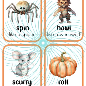 Puede incluir: Cuatro tarjetas ilustradas con bordes naranjas y un dise&ntilde;o de espiral azul y blanco en el centro. Cada tarjeta presenta un animal diferente y un verbo que describe su movimiento. La primera tarjeta muestra una ara&ntilde;a y la palabra "spin". La segunda tarjeta muestra un hombre lobo y la palabra "howl". La tercera tarjeta muestra un rat&oacute;n y la palabra "scurry". La cuarta tarjeta muestra una calabaza y la palabra "roll".