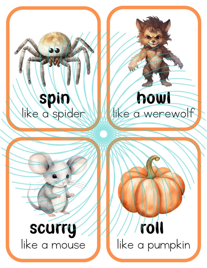 Puede incluir: Cuatro tarjetas ilustradas con bordes naranjas y un dise&ntilde;o de espiral azul y blanco en el centro. Cada tarjeta presenta un animal diferente y un verbo que describe su movimiento. La primera tarjeta muestra una ara&ntilde;a y la palabra "spin". La segunda tarjeta muestra un hombre lobo y la palabra "howl". La tercera tarjeta muestra un rat&oacute;n y la palabra "scurry". La cuarta tarjeta muestra una calabaza y la palabra "roll".