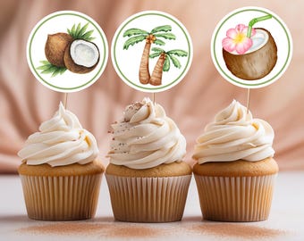 Cupcake Toppers Coconuts and Coconut Tree -  DIY Printable Digital File