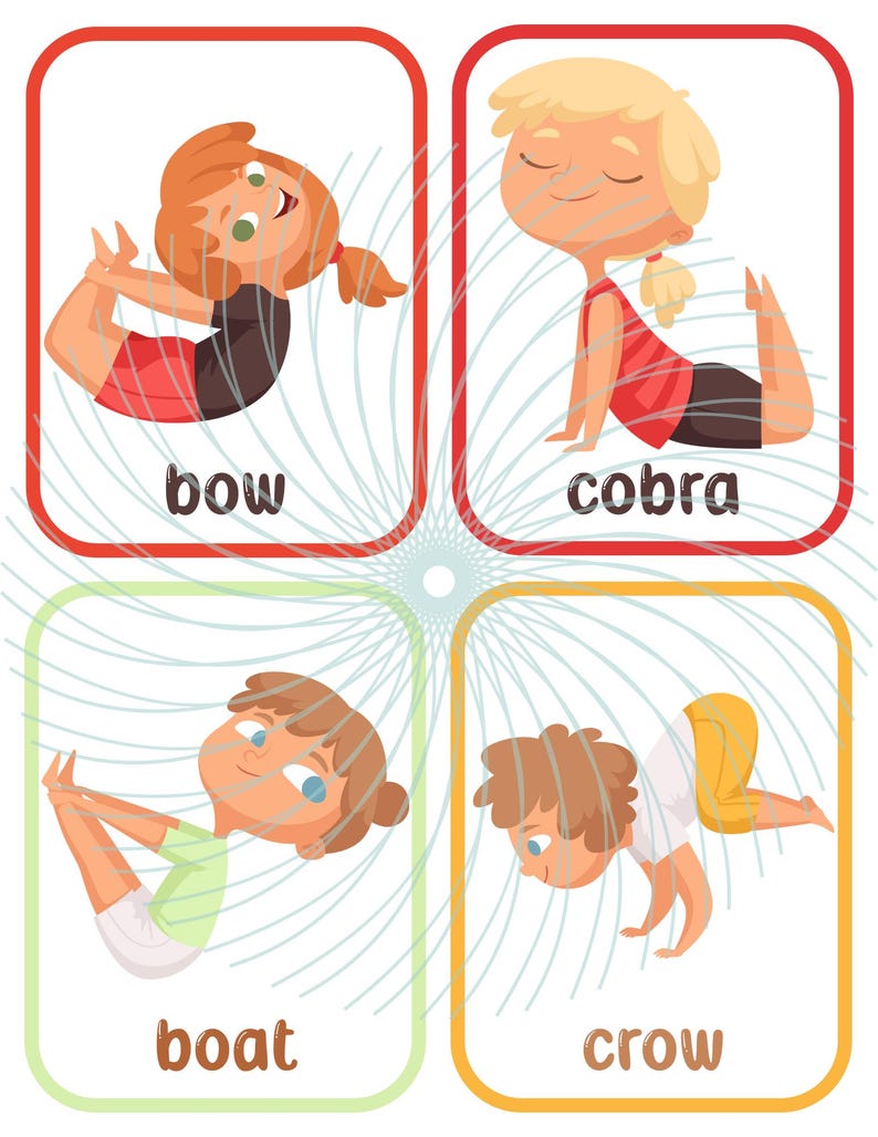 Pode incluir: Quatro cartas ilustradas com crian&ccedil;as demonstrando poses de yoga. Cada carta apresenta uma pose diferente: arco, cobra, barco e corvo. As cartas s&atilde;o etiquetadas com o nome da pose.