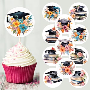Cupcake Toppers Graduation -  Caps, Books, flowers beatiful - DIY Printable Digital File