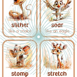 May include: Four colorful flashcards with cartoon animals and action words. The cards feature a snake slithering, an eagle soaring, an elephant stomping, and a giraffe stretching.
