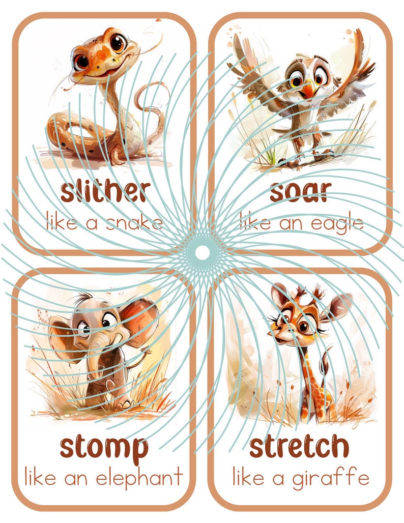 May include: Four colorful flashcards with cartoon animals and action words. The cards feature a snake slithering, an eagle soaring, an elephant stomping, and a giraffe stretching.