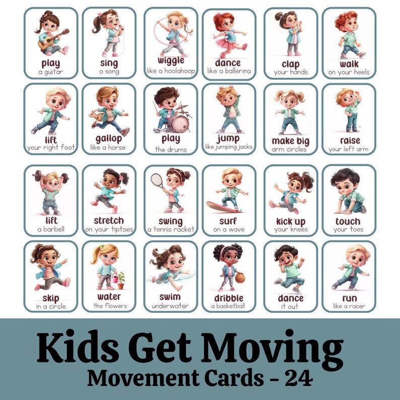 May include: A set of 24 colorful illustrated movement cards for kids. Each card features a child performing a different action, such as playing a guitar, dancing, or jumping jacks. The cards are labeled with the action and a short description. The cards are designed to help kids get moving and have fun while learning.