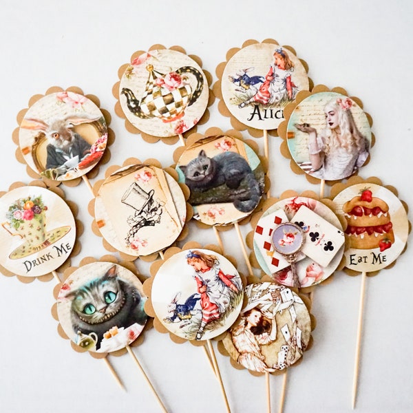 Alice in Wonderland Vintage 12 Cupcake Toppers, Cupcake Flags, Cupcake Toothpick Party Decor, Madhatter, rabbit