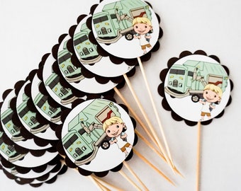 TRASH TRUCK set of 12 Cupcake Toppers or Candied Apple Toppers - Adorable for any Occasion, Birthday, Baby Shower