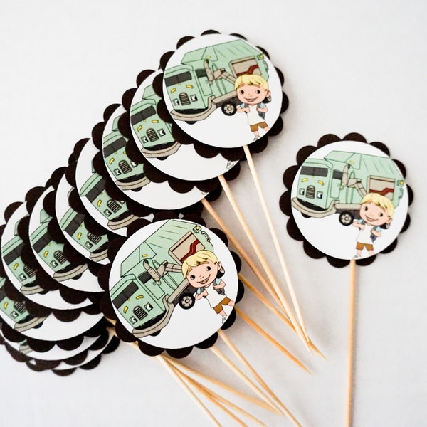 TRASH TRUCK set of 12 Cupcake Toppers or Candied Apple Toppers - Adorable for any Occasion, Birthday, Baby Shower