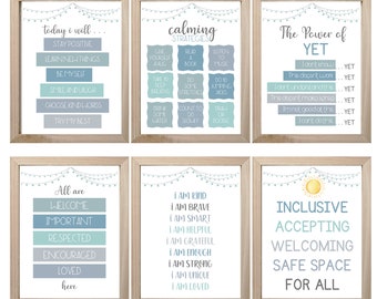 May include: Six printable posters with a light blue and gray color scheme. Each poster features a different message about positivity, self-care, and inclusion. The posters are decorated with string lights and a sun graphic.
