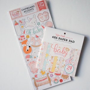 Echo Park HELLO BABY Pink Collection 2 items, Chipboard and 6 x 6 Paper Pad 24 Double Sided Adorable Papers Carta Bella