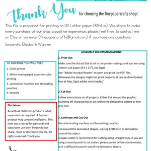 May include: A printable instruction sheet for assembling a craft project. The sheet includes a list of materials needed, assembly recommendations, and a disclaimer. The text reads "Thank You for choosing the finepapercrafts shop!" and "To assemble you will need: 1. Color printer, 2. White heavyweight paper for color printing, 3. Lamination machine and laminating pouches, 4. Scissors".