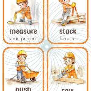 Puede incluir: Cuatro tarjetas ilustradas con un tema de construcci&oacute;n. Cada tarjeta presenta a un ni&ntilde;o de dibujos animados con un casco duro realizando una tarea diferente. La primera tarjeta muestra a un ni&ntilde;o midiendo un trozo de madera con una cinta m&eacute;trica. La segunda tarjeta muestra a un ni&ntilde;o apilando madera. La tercera tarjeta muestra a un ni&ntilde;o empujando una carretilla. La cuarta tarjeta muestra a un ni&ntilde;o aserrando un trozo de madera.