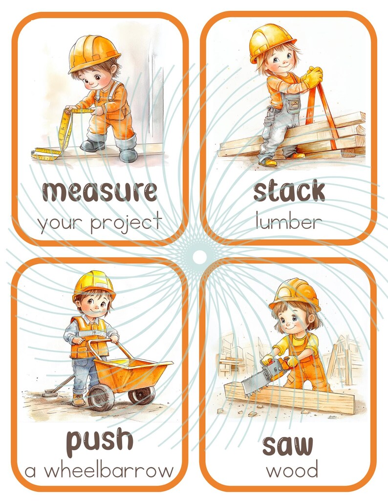 Puede incluir: Cuatro tarjetas ilustradas con un tema de construcci&oacute;n. Cada tarjeta presenta a un ni&ntilde;o de dibujos animados con un casco duro realizando una tarea diferente. La primera tarjeta muestra a un ni&ntilde;o midiendo un trozo de madera con una cinta m&eacute;trica. La segunda tarjeta muestra a un ni&ntilde;o apilando madera. La tercera tarjeta muestra a un ni&ntilde;o empujando una carretilla. La cuarta tarjeta muestra a un ni&ntilde;o aserrando un trozo de madera.