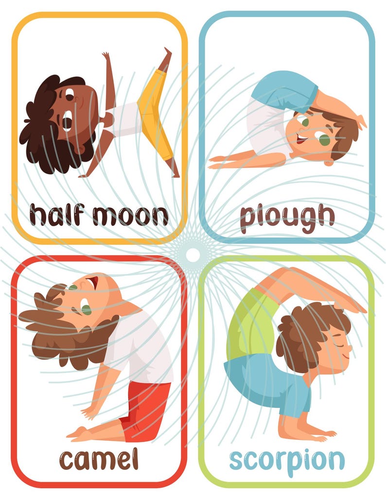 Pode incluir: Quatro cartas ilustradas mostrando crian&ccedil;as em diferentes poses de yoga. As poses s&atilde;o rotuladas como "meia lua", "arado", "camelo" e "escorpi&atilde;o".