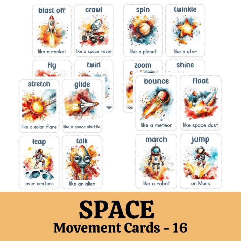 May include: A set of 16 colourful space-themed movement cards. Each card features a different action word, such as "blast off", "crawl", "spin", "twinkle", "fly", "twirl", "stretch", "glide", "leap", "talk", "zoom", "shine", "bounce", "float", "march", and "jump". Each card also includes a corresponding image and a description of the action, such as "like a rocket", "like a space rover", "like a planet", "like a star", and so on.