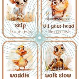 May include: Four colorful cards with animal illustrations and instructions on how to move like that animal. The cards feature a lamb, an owl, a duck, and a turtle.