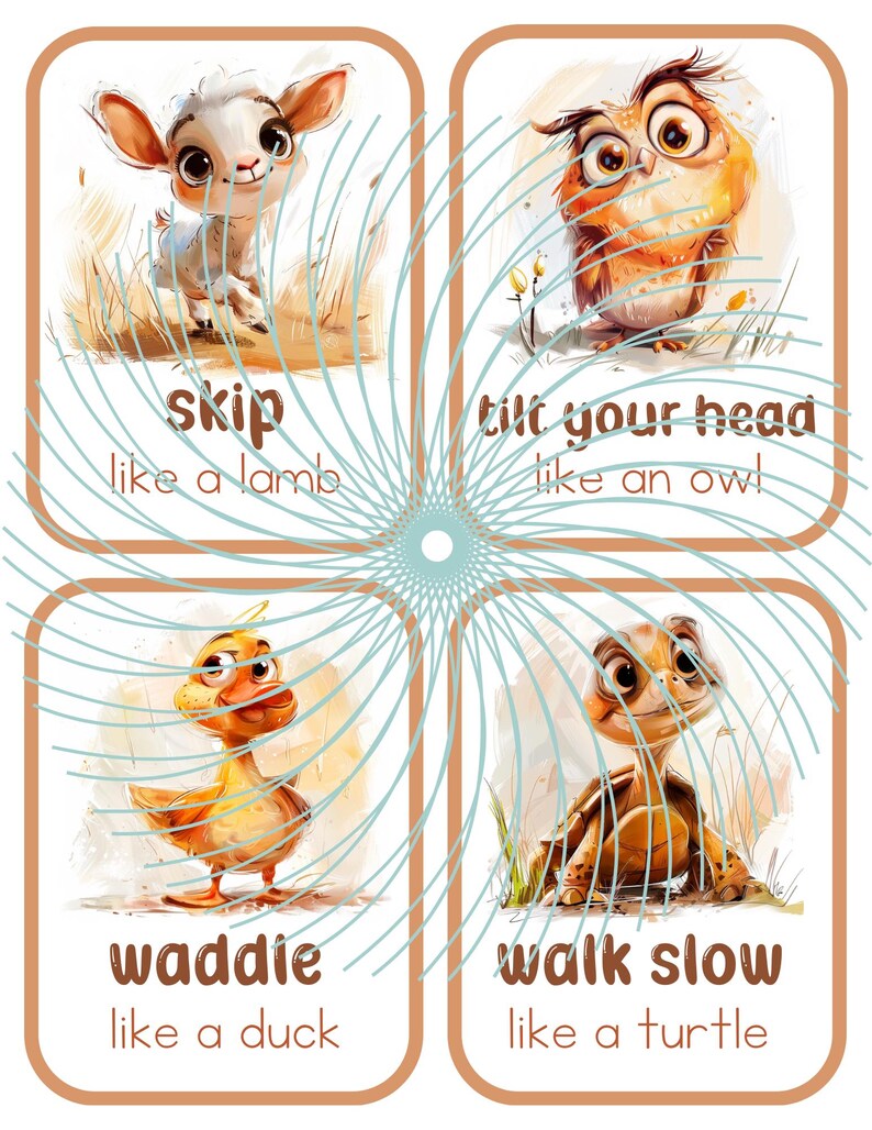 May include: Four colorful cards with animal illustrations and instructions on how to move like that animal. The cards feature a lamb, an owl, a duck, and a turtle.