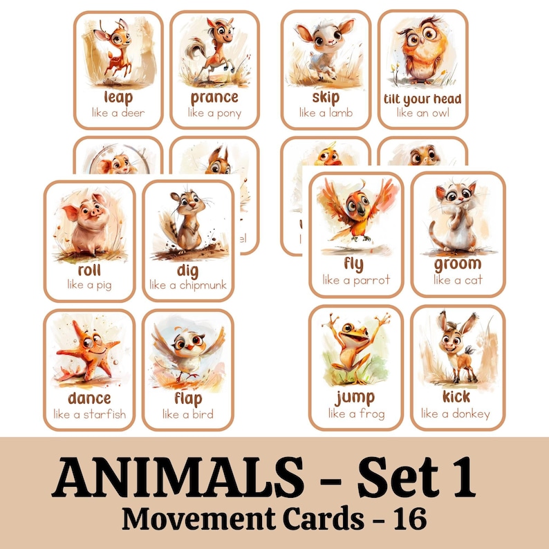 May include: Set of 16 illustrated flashcards featuring animals and their movements. Each card shows a cartoon animal with a word describing its movement, such as "leap like a deer" or "fly like a parrot".