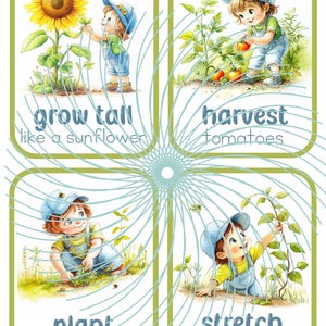 Puede incluir: Cuatro tarjetas ilustradas con un ni&ntilde;o en cada tarjeta. Las tarjetas muestran las etapas del crecimiento de una planta. La primera tarjeta muestra un ni&ntilde;o mirando un girasol y el texto "crecer alto como un girasol". La segunda tarjeta muestra un ni&ntilde;o recogiendo tomates de una vid y el texto "cosechar tomates". La tercera tarjeta muestra un ni&ntilde;o plantando semillas y el texto "plantar semillas". La cuarta tarjeta muestra un ni&ntilde;o mirando una vid y el texto "estirarse como una vid".