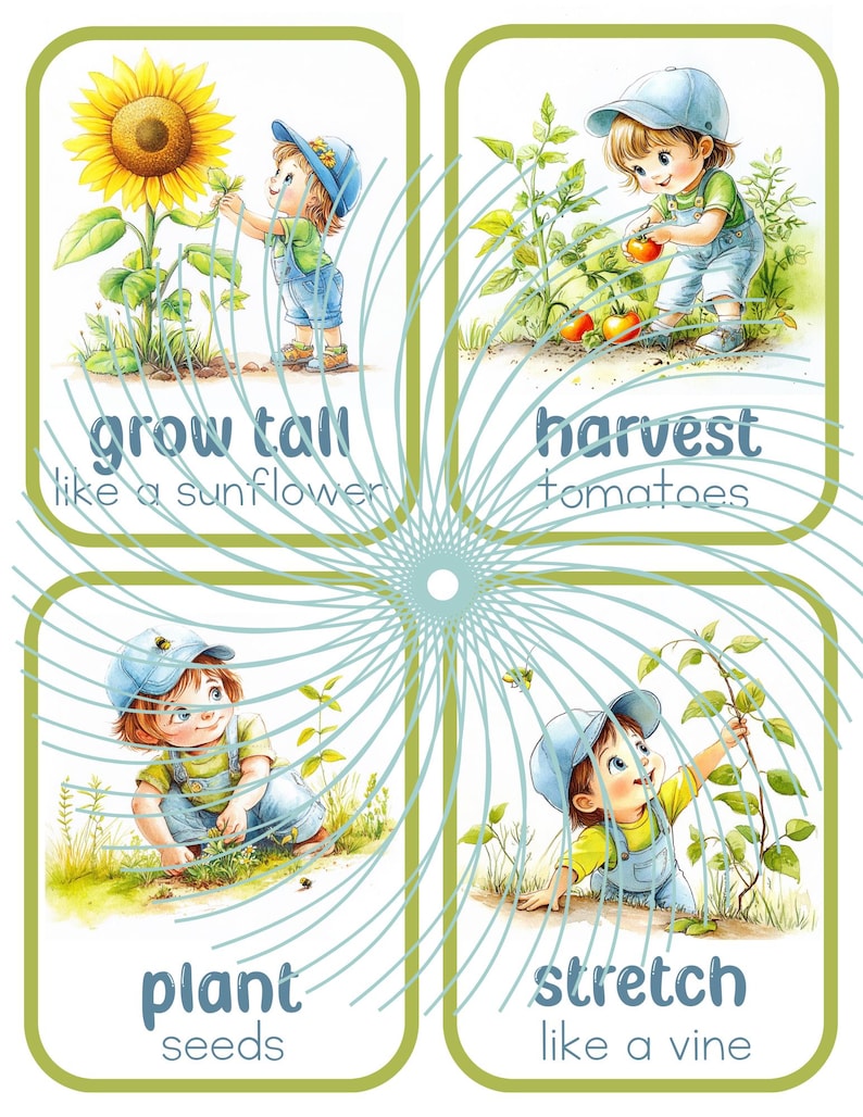 Puede incluir: Cuatro tarjetas ilustradas con un ni&ntilde;o en cada tarjeta. Las tarjetas muestran las etapas del crecimiento de una planta. La primera tarjeta muestra un ni&ntilde;o mirando un girasol y el texto "crecer alto como un girasol". La segunda tarjeta muestra un ni&ntilde;o recogiendo tomates de una vid y el texto "cosechar tomates". La tercera tarjeta muestra un ni&ntilde;o plantando semillas y el texto "plantar semillas". La cuarta tarjeta muestra un ni&ntilde;o mirando una vid y el texto "estirarse como una vid".