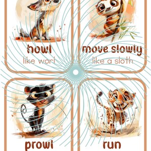 May include: Four illustrated cards with animal characters and action words. A wolf howls, a sloth moves slowly, a panther prowls, and a cheetah runs.