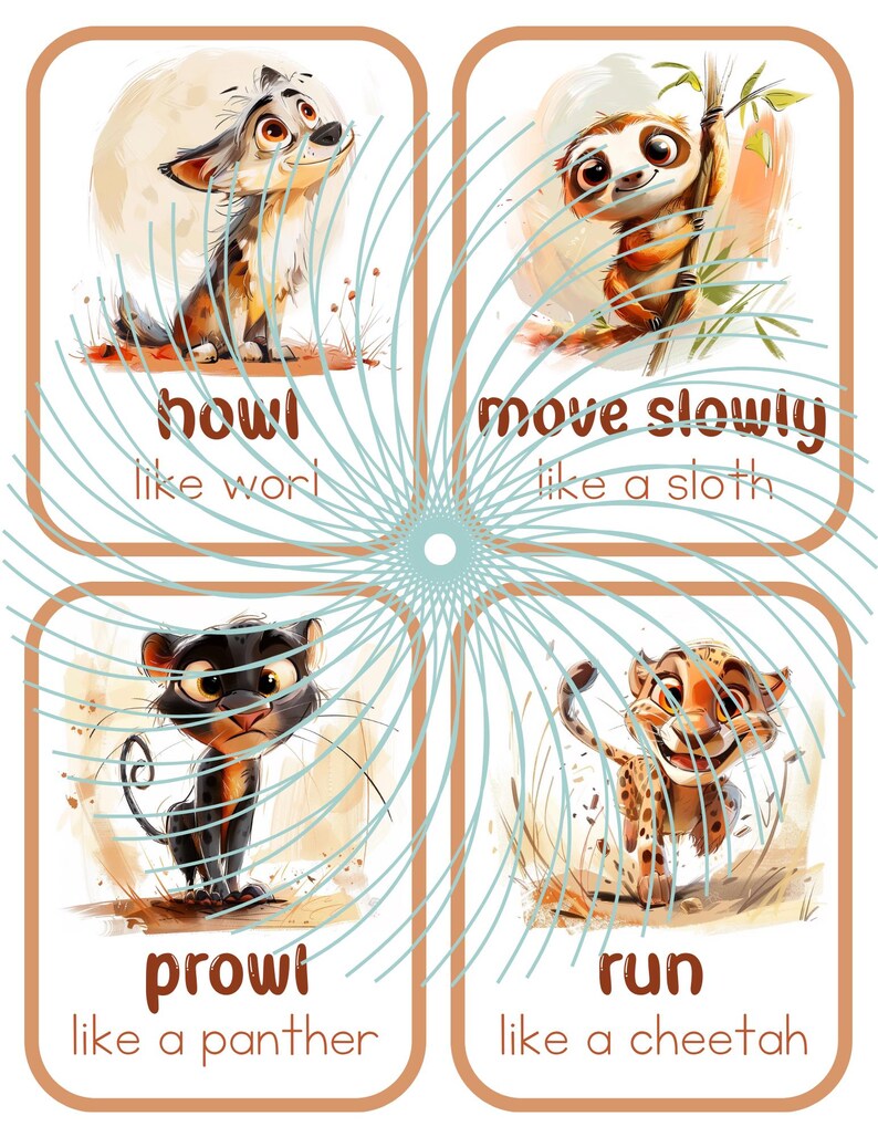 May include: Four illustrated cards with animal characters and action words. A wolf howls, a sloth moves slowly, a panther prowls, and a cheetah runs.