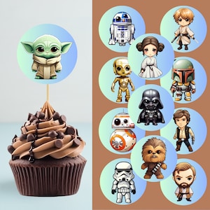 May include: A set of 10 round cupcake toppers featuring characters from Star Wars. The toppers are printed on white cardstock and feature a variety of characters, including Yoda, Darth Vader, Chewbacca, and R2-D2.