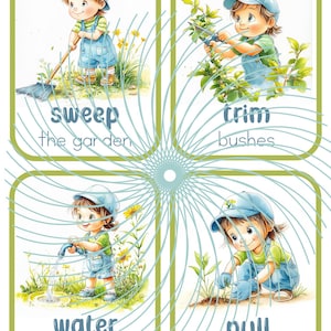 Puede incluir: Cuatro tarjetas ilustradas con un ni&ntilde;o de dibujos animados en cada tarjeta. Las tarjetas muestran a un ni&ntilde;o barriendo el jard&iacute;n, podando arbustos, regando el jard&iacute;n y arrancando malas hierbas. Cada tarjeta tiene texto que describe la acci&oacute;n.