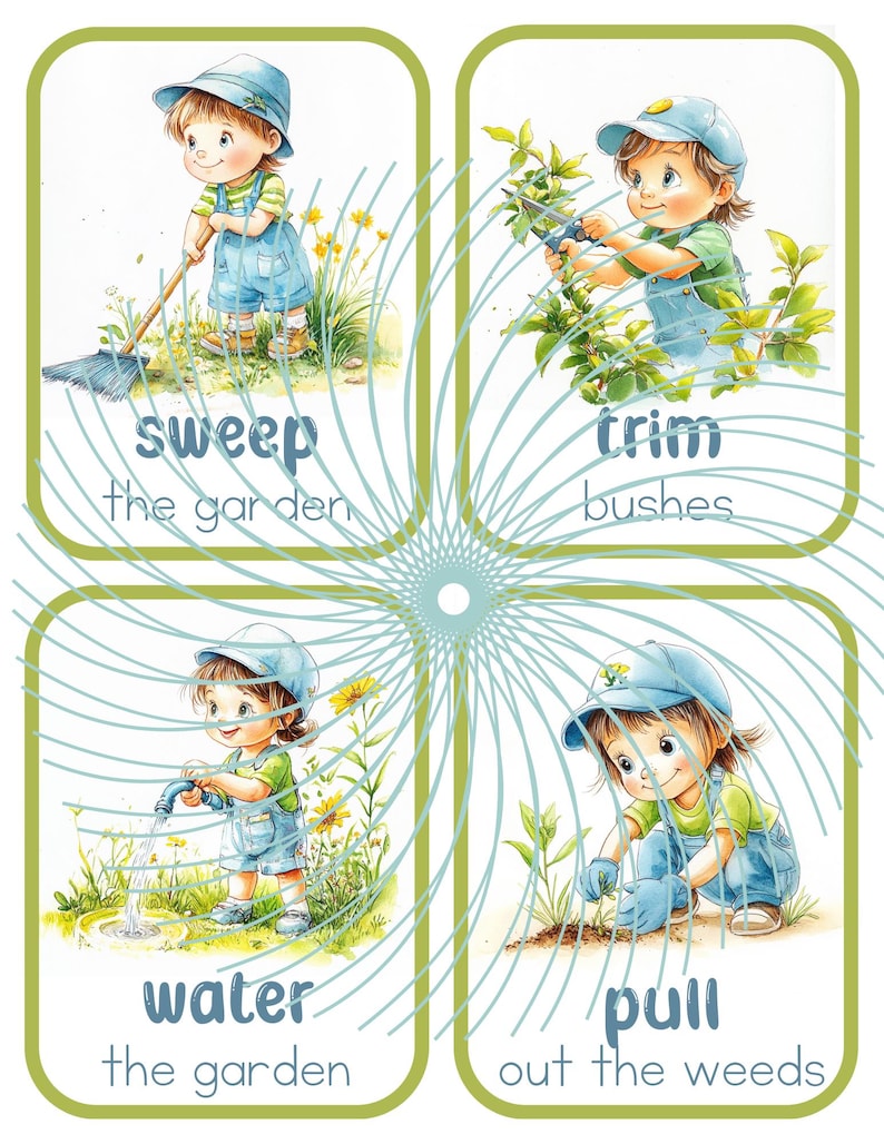 Puede incluir: Cuatro tarjetas ilustradas con un ni&ntilde;o de dibujos animados en cada tarjeta. Las tarjetas muestran a un ni&ntilde;o barriendo el jard&iacute;n, podando arbustos, regando el jard&iacute;n y arrancando malas hierbas. Cada tarjeta tiene texto que describe la acci&oacute;n.