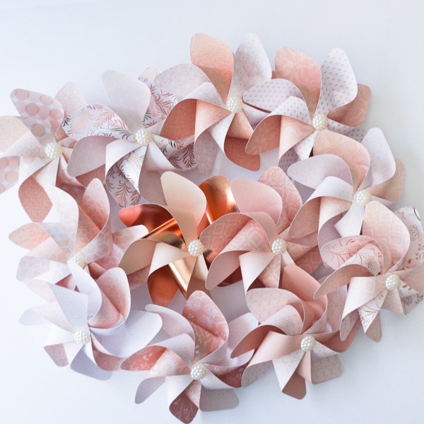 Pinwheels Rose Gold (406) With Straws Set of 12 Beautiful Double Spinners - Excellent for Wedding, Showers, Birthdays, Get Well