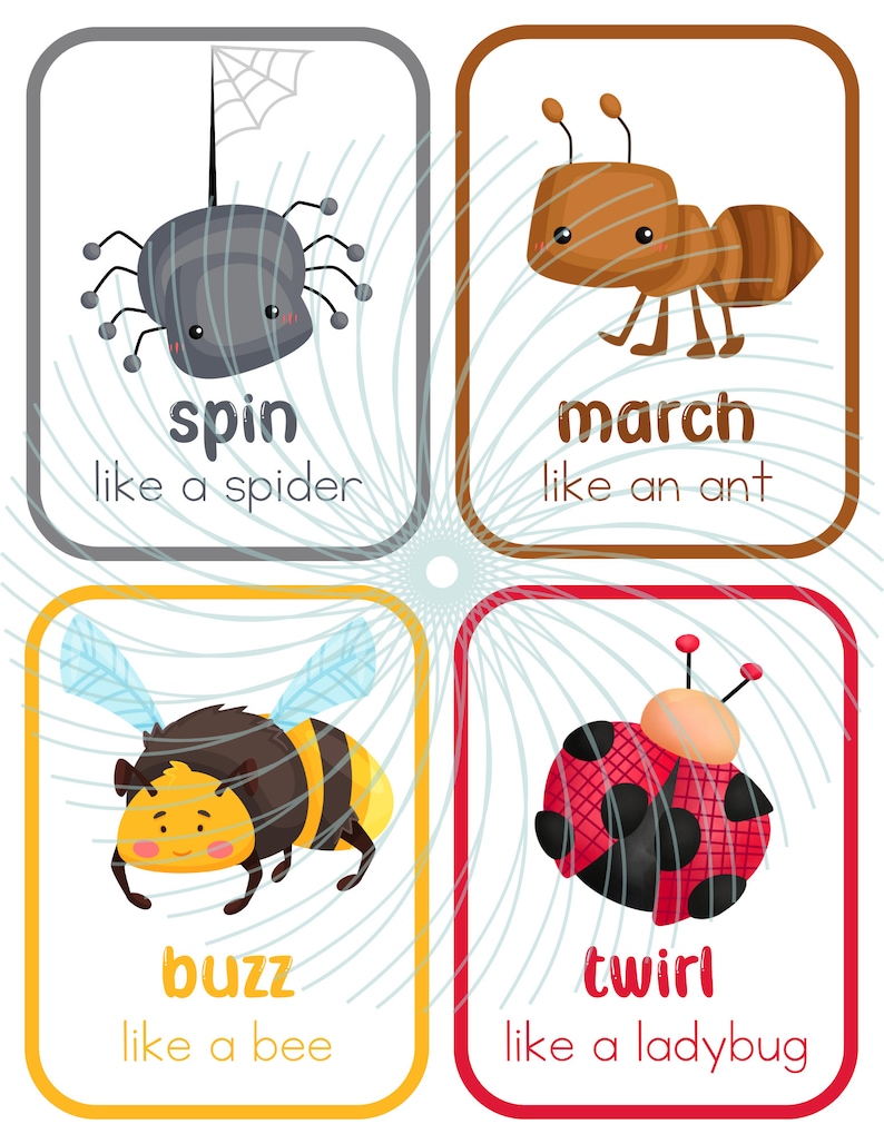 May include: Four colorful cards with illustrations of a spider, ant, bee, and ladybug. Each card has a word and a phrase describing how the animal moves. The spider card says "spin like a spider", the ant card says "march like an ant", the bee card says "buzz like a bee", and the ladybug card says "twirl like a ladybug".