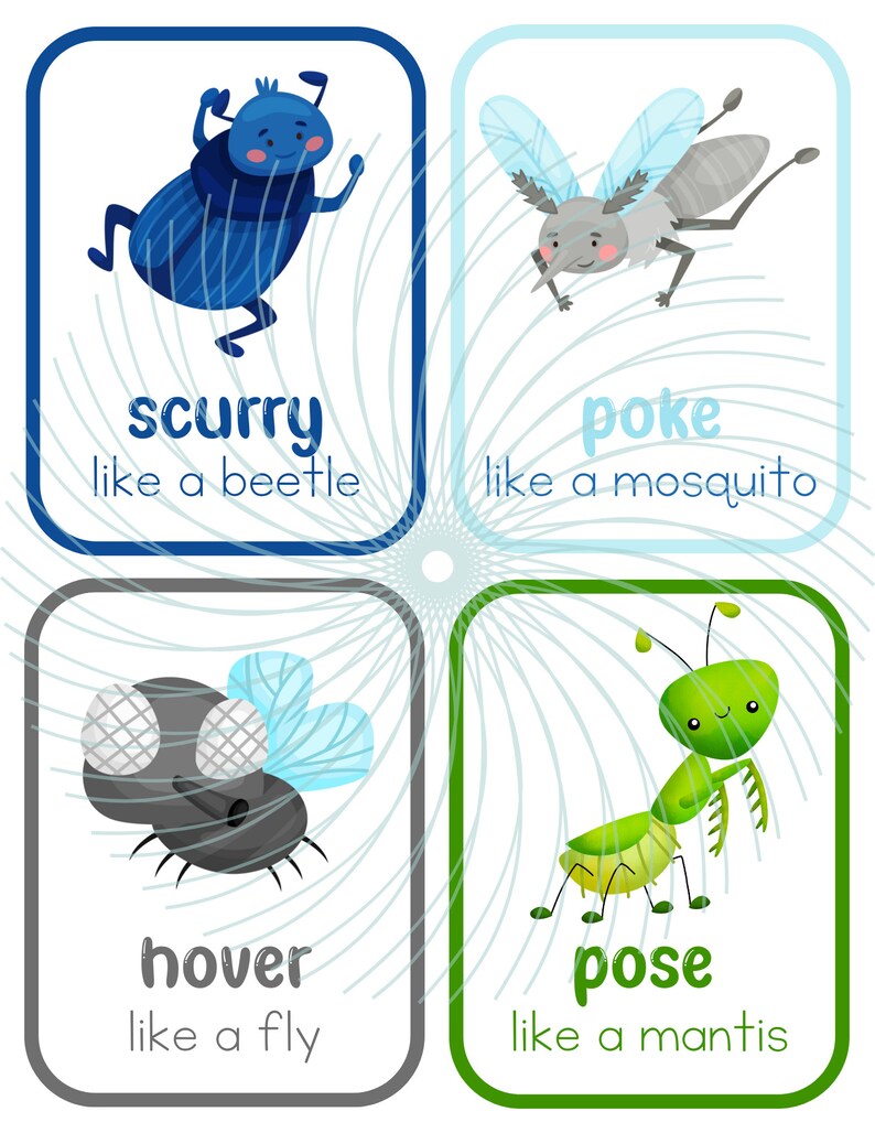May include: Four colorful cards with illustrations of a beetle, mosquito, fly, and mantis. Each card has a verb describing how the insect moves, such as "scurry" or "hover", and a phrase describing the insect, such as "like a beetle" or "like a fly".
